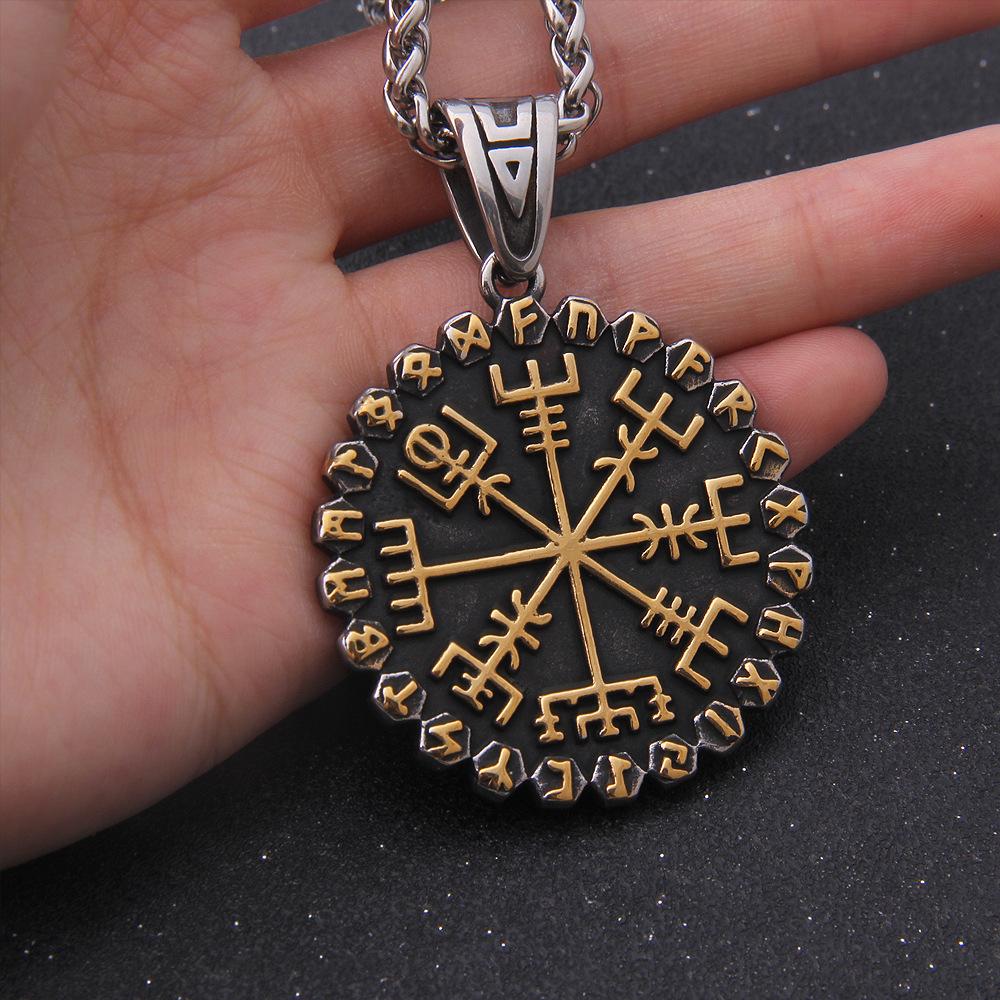 Viking Vegvisir Compass Pendant Necklace Norse Runes Nordic Amulet Stainless Steel Two Tone Medieval Talisman for Men