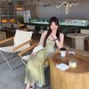 New Chinese style smudged national style suspender dress women's summer green waist beach gauze skirt seaside vacation style long dress