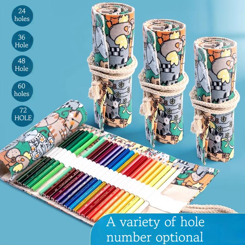 24/36/48/72 Hole Colorful Cloth Pencil Case Stationery Pencil Storage Bag Paint Brush Pen Bag Pencil Roll Case School Supplies