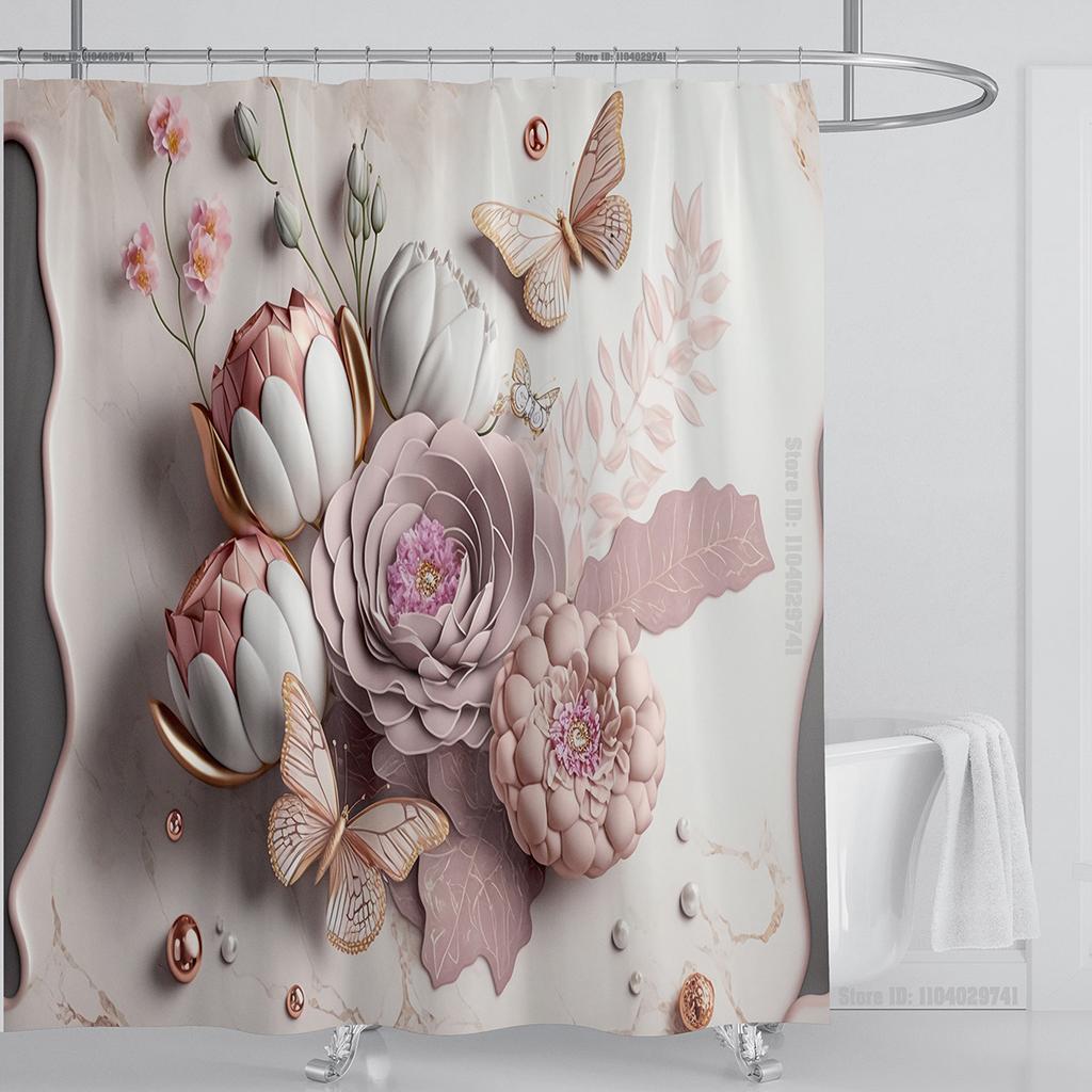 3D Stereo Beautiful Flower Printing Bathroom Curtain Waterproof Polyester Shower Curtain Home Decoration Curtain with Hooks