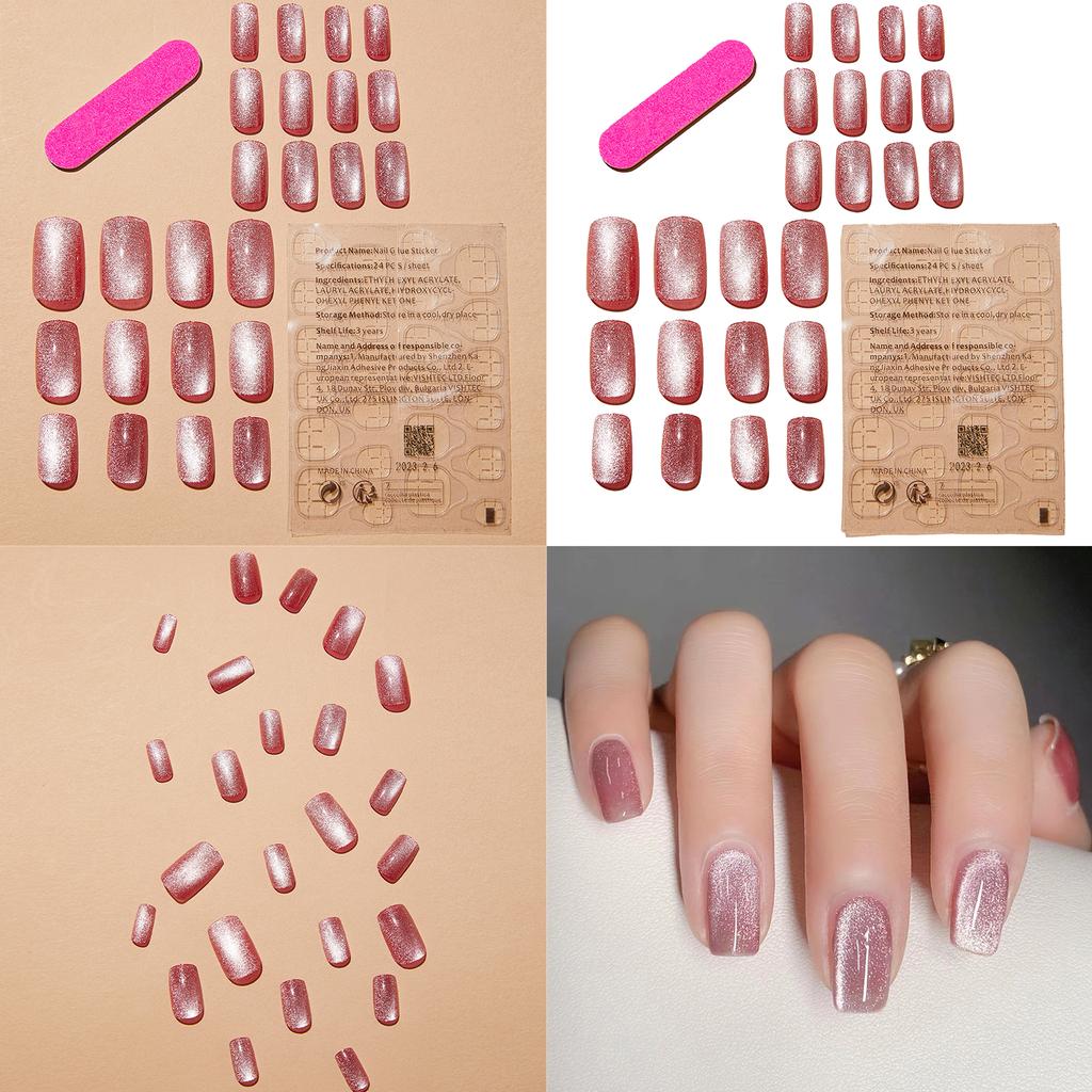 24 Pcs Cat Eye Press On Nails Full Cover Stick On Nails Pink False Nails Medium False Nails Tips Acrylic Artificial Nail