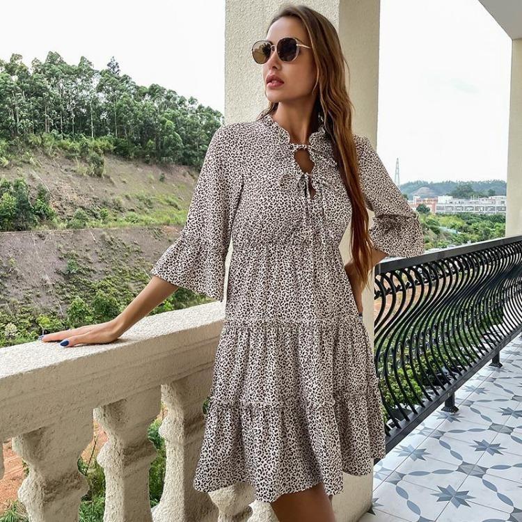 

Женское летнее платье с цветочным принтом, с высокой талией, с коротким рукавом, на шнуровке, повседневное, весеннее, с отделкой ушками XL хаки