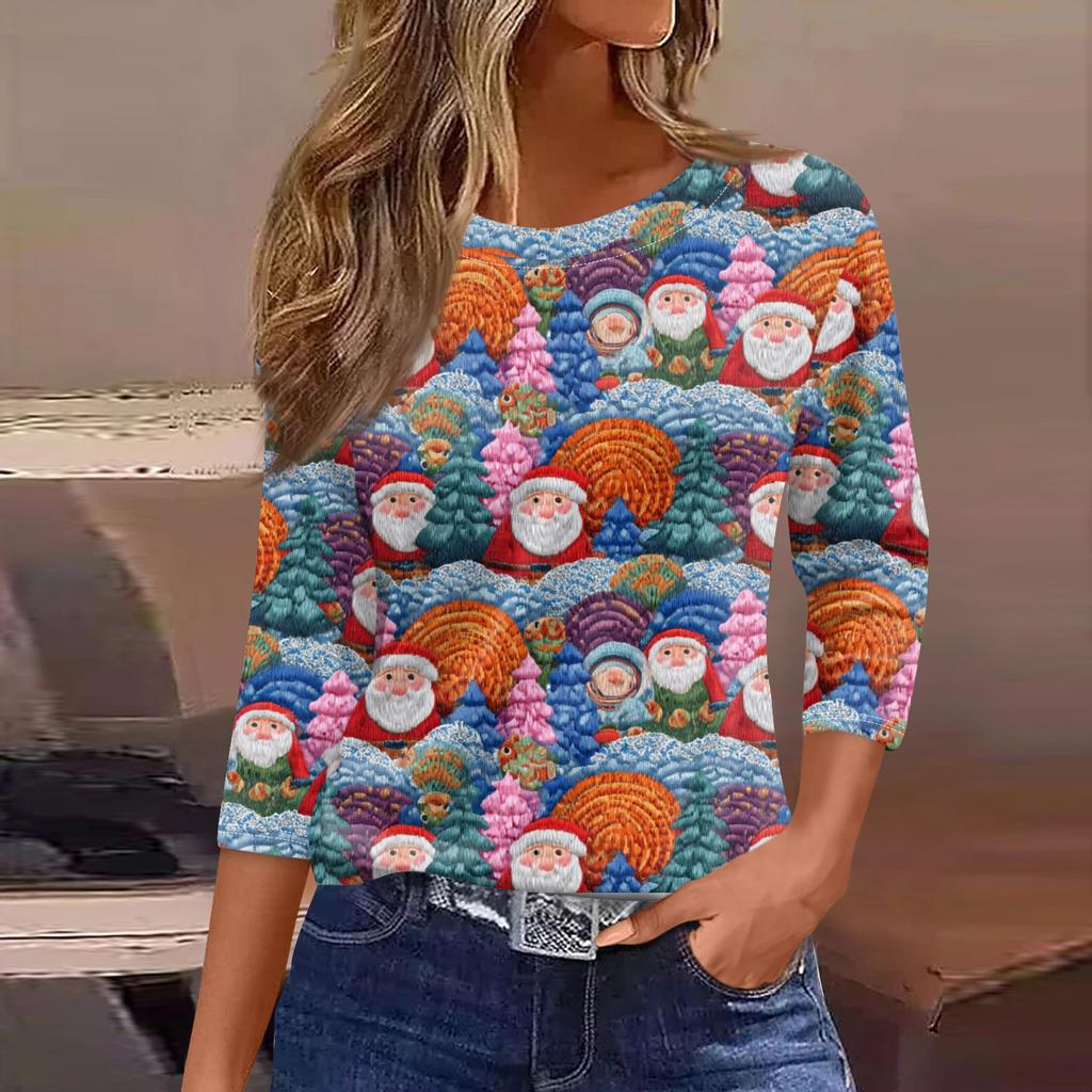 Women's Fashionable Casual Three Quarter Sleeve Christmas Printed Round Neck Top