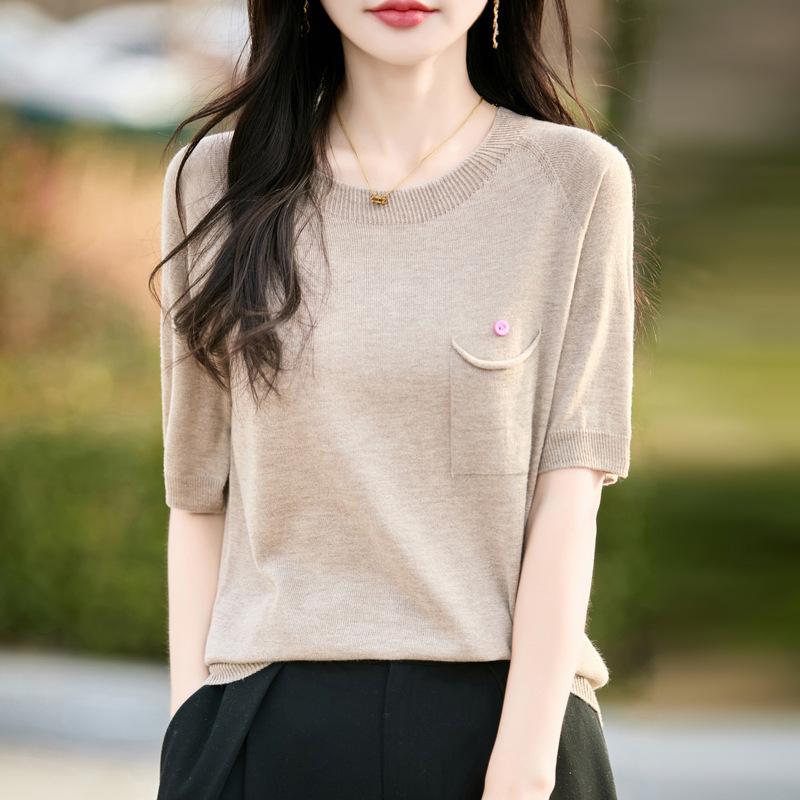 

Spring Women s New Woolen Knitted Sweater Short-sleeved T-shirt with Round Neck L