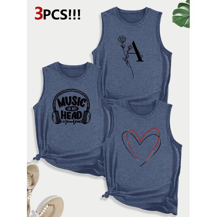 Music-themed Letter and Heart Combination Gift Print Pattern Round neck3Pack of Sleeveless Vests for Women In Spring, Summer, and Autumn