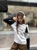 2026 Spring/Summer Women's Black & White Patchwork Raglan Long Sleeve Tee - American Style Print, Loose Fit, Color Block Trendy Top