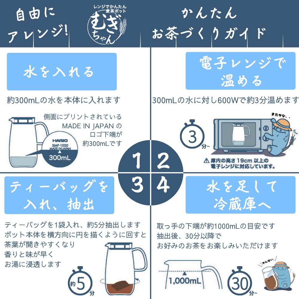 Hario Snadno použitelná konvička na ječný čaj Mugichan 1000 ml Vhodná do mikrovlnné trouby a myčky Sklo Bílá Vyrobeno v Japonsku Žáruvzdorná XMP-1000-W