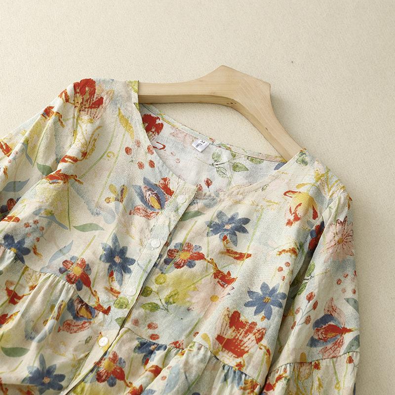 Summer Cotton Linen Floral Top Women's Mid Sleeve Oversized Loose Short Sleeved Shirt