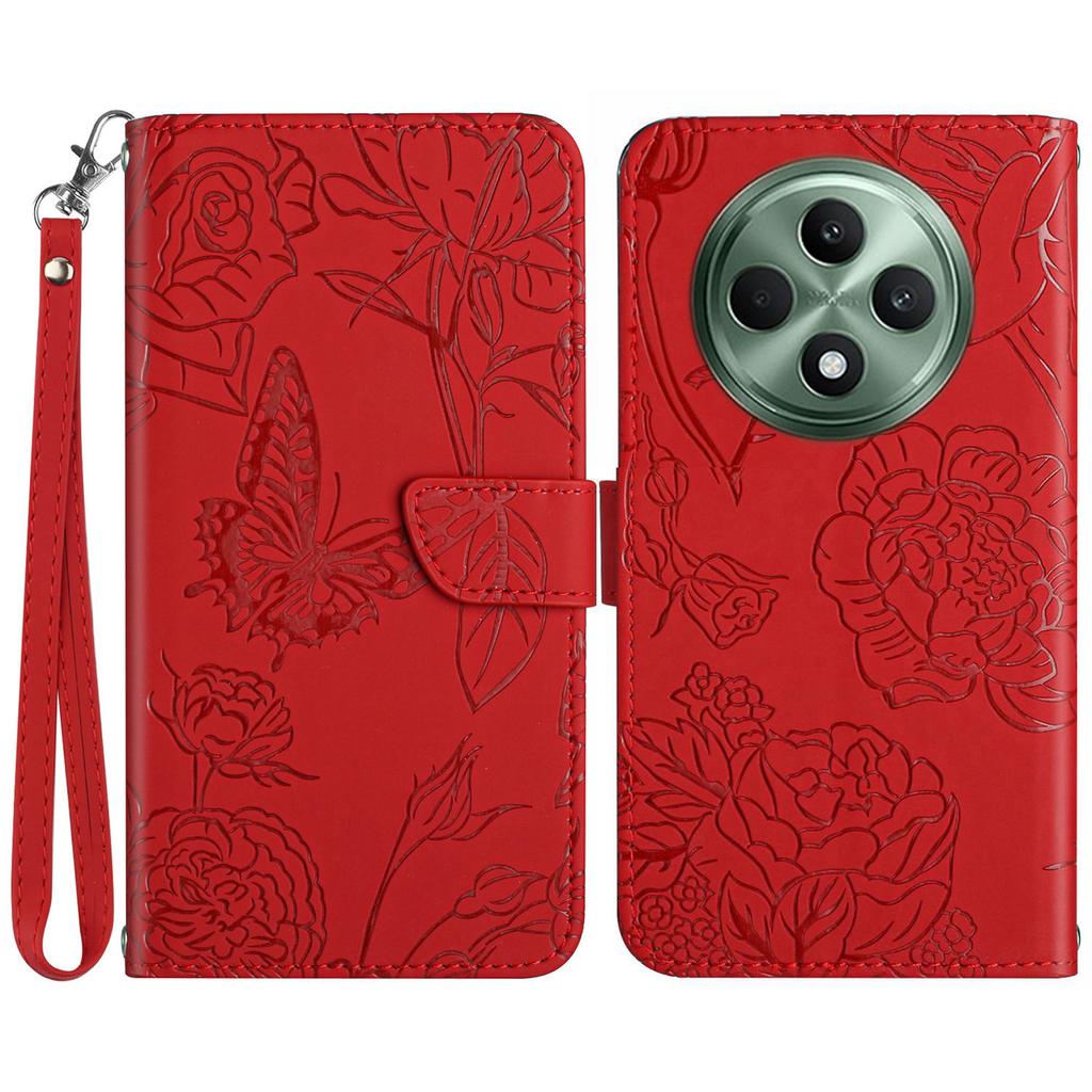 HT03 Für Oppo Reno12 F 5G Lederhülle mit Handschlaufe Schmetterling Blumen Prägung