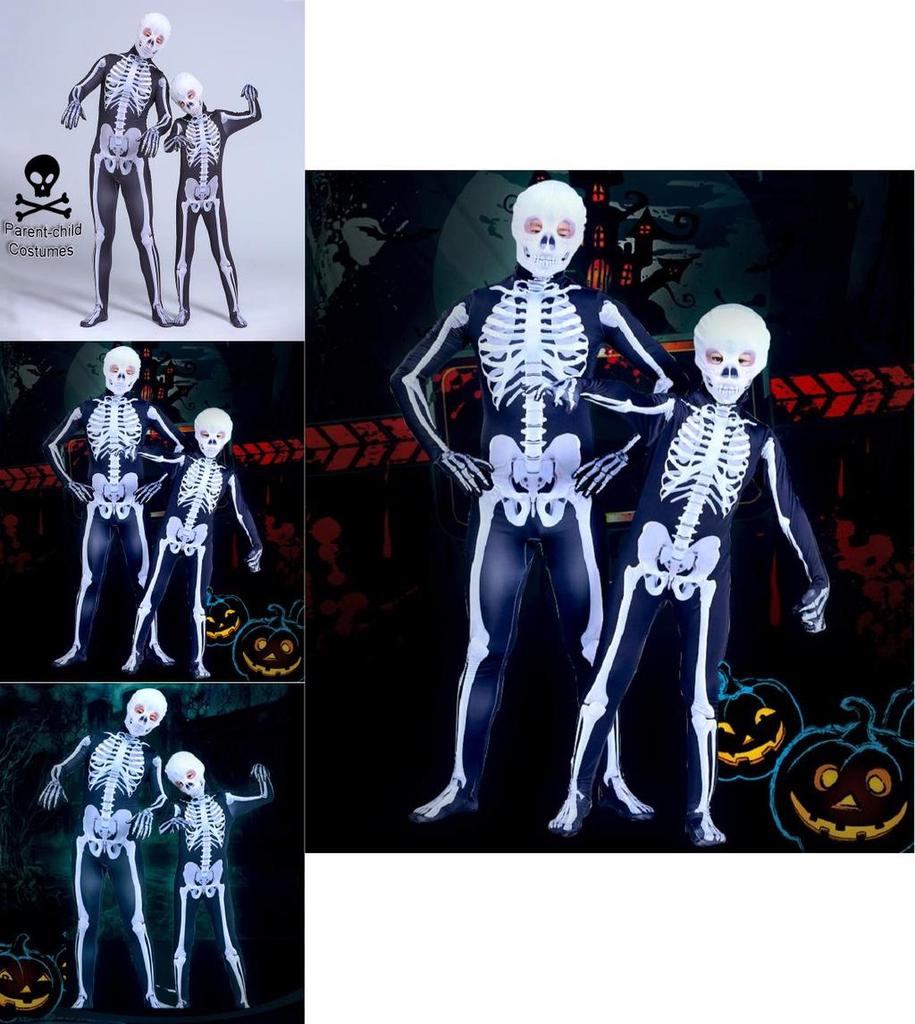 Unisex Parent-child Skeleton Man Costume Jumpsuit With Spooky Mask For Halloween Fun