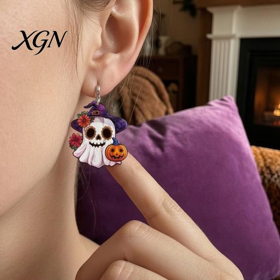 Holiday Party Costume Accessories 1 Pair Mexico Day of The Dead Earrings for Women, Acrylic Decorative Flower Ghost Dangle Drop Halloween Costume,