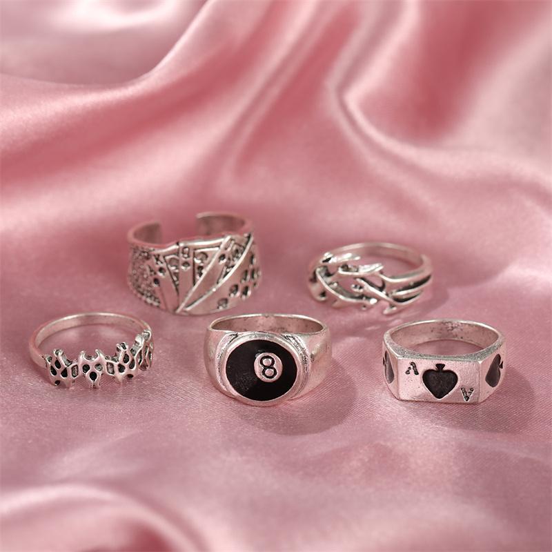 Punk Gothic Poker Ring Set for Women Vintage Spades Ace Silver Color Plated Retro Rhinestone Charm Billiards Ring Finger Jewelry