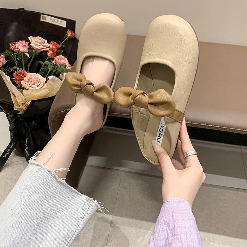 Half slippers female 2025 new spring and summer outer wear fairy style soft flat bottom bag head single shoes French bow sandals