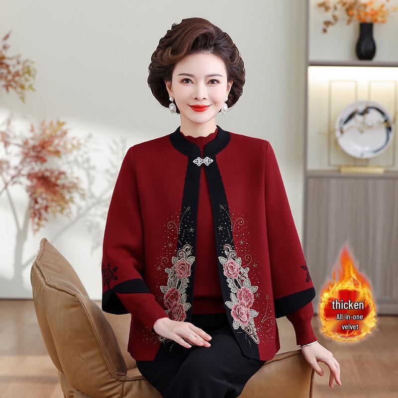 

Mom s Plush Thickened Knit Cardigan Two-Piece Set for Autumn and Winter - Middle-Aged and Elderly Women s Stylish Chinese Outerwear 3XL [135-145 lbs]