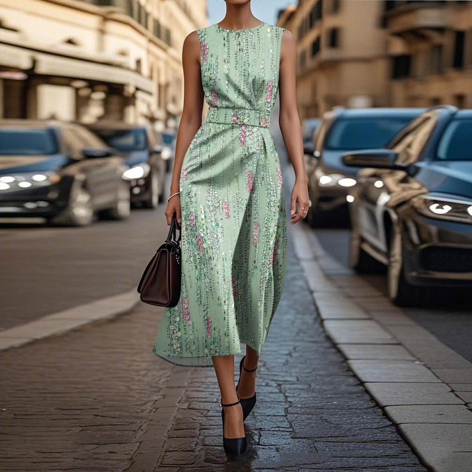 

Sleeveless Boho Dress For Women Casual Loose Fit Summer Sundress Print Dress XS зелений
