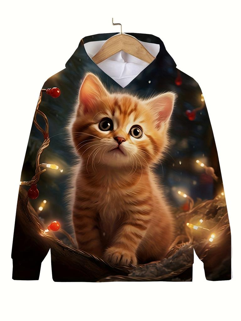 Trendy Kids Kitten Graphic Hooded Sweatshirt Boys Girls Sports Outdoor Tops Casual Cartoon Print Hoodies Girls' Autumn Clothes