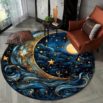 Zon & Maan Flanellen Rond Kleed - Magisch Blauwe Fantasie Decoratie voor Woonkamer & Slaapkamer, Pluche Antislip Huiscadeau