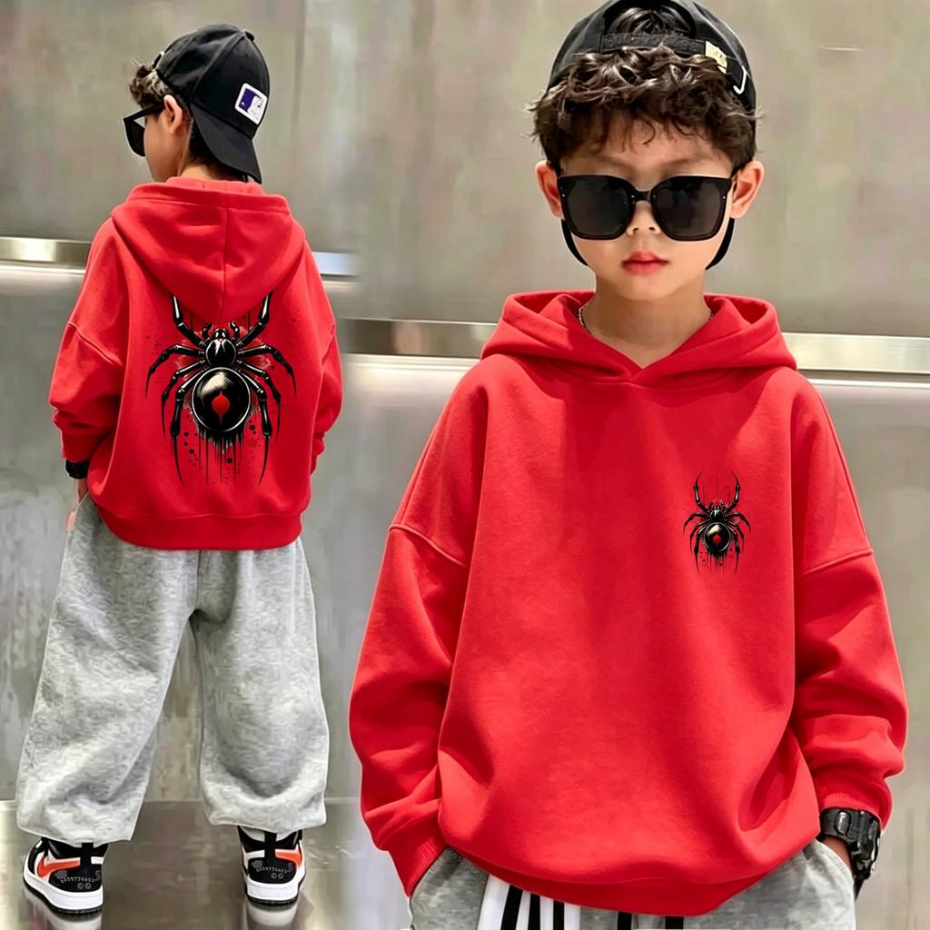 Latest children's retro fun spider-print pullover hoodie. Boys' and girls' loose and comfortable turtleneck sweaters.