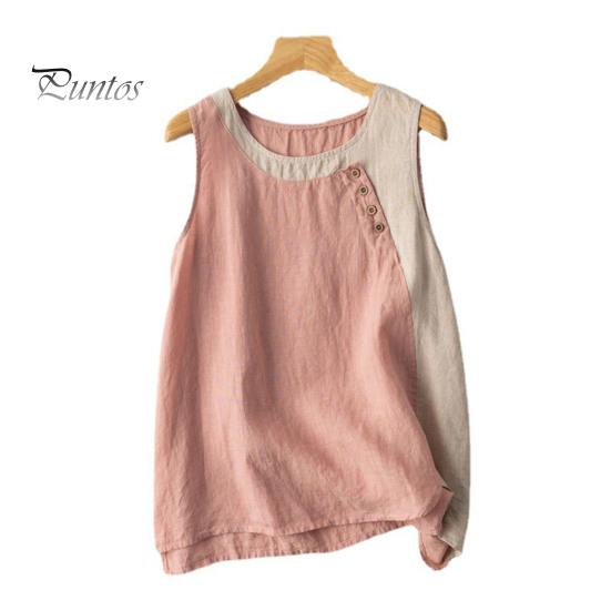 Summer Blouse Women Tank Top Contrast Color Patchwork Round Neck Sleeveless Thin Match Pants Casual Vintage Plus Size Lady T-shirt Clothes