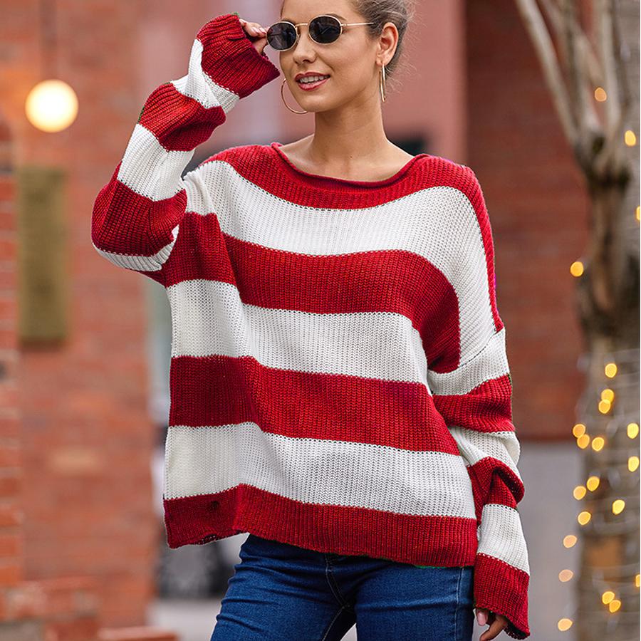 Women's Autumn New Fashion Striped Color Block Knit Sweater with Ribbed Crew Neck