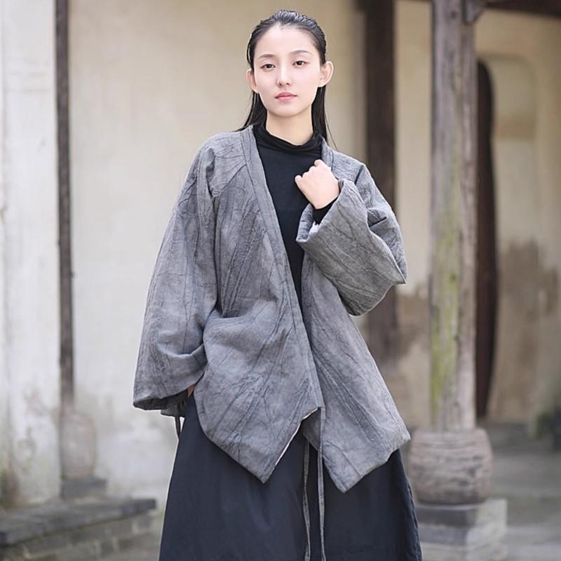Johnature Women Chinese Style Bandage V-Neck Long Sleeve Solid Color Winter Warm Vintage Coats