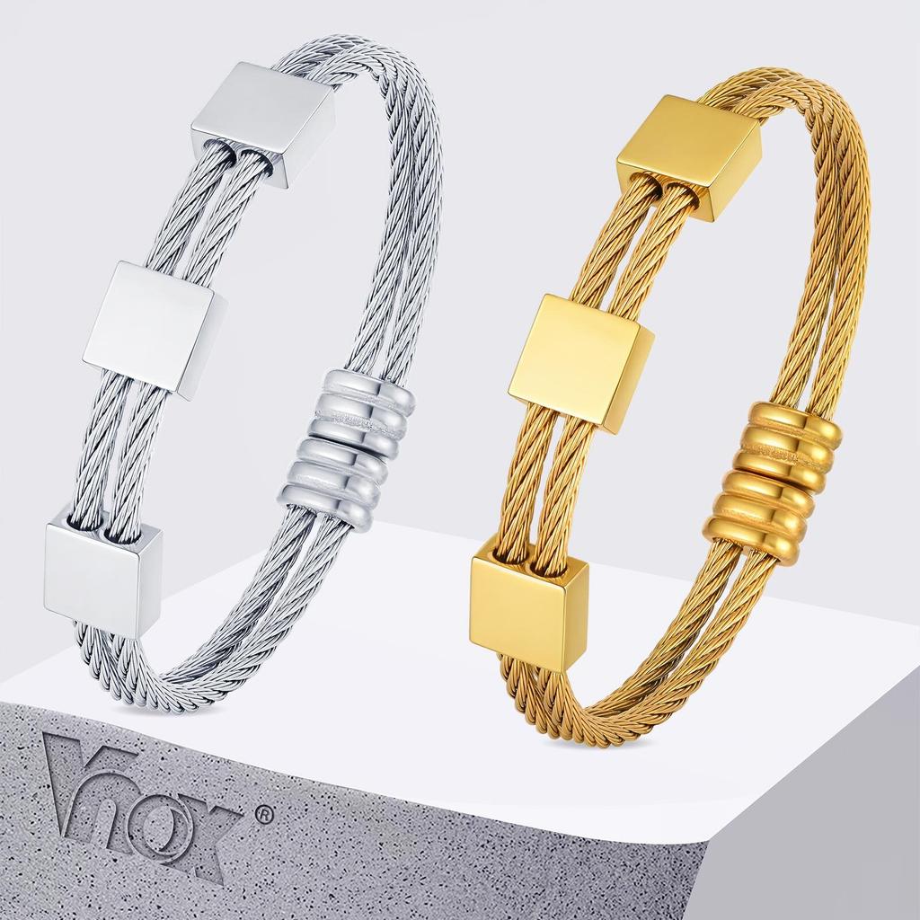Vnox 10mm Width Double Layer Steel Rope Bracelet, Gold Silver Color Open Cuff Bangle with Square Charm, Men's Punk Jewelry Gifts