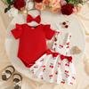 2026 European & American Baby Girl Outfit: Solid Short Sleeve Top, Cherry Bow Suspender Skirt & Headband for Ages 0-1.