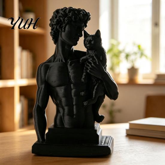 Stylish Living Room Decor 3D Printed David Statue with Cat, European Classic Art Sculpture Figurine Retro Home for Office Decor, Modern Desktop