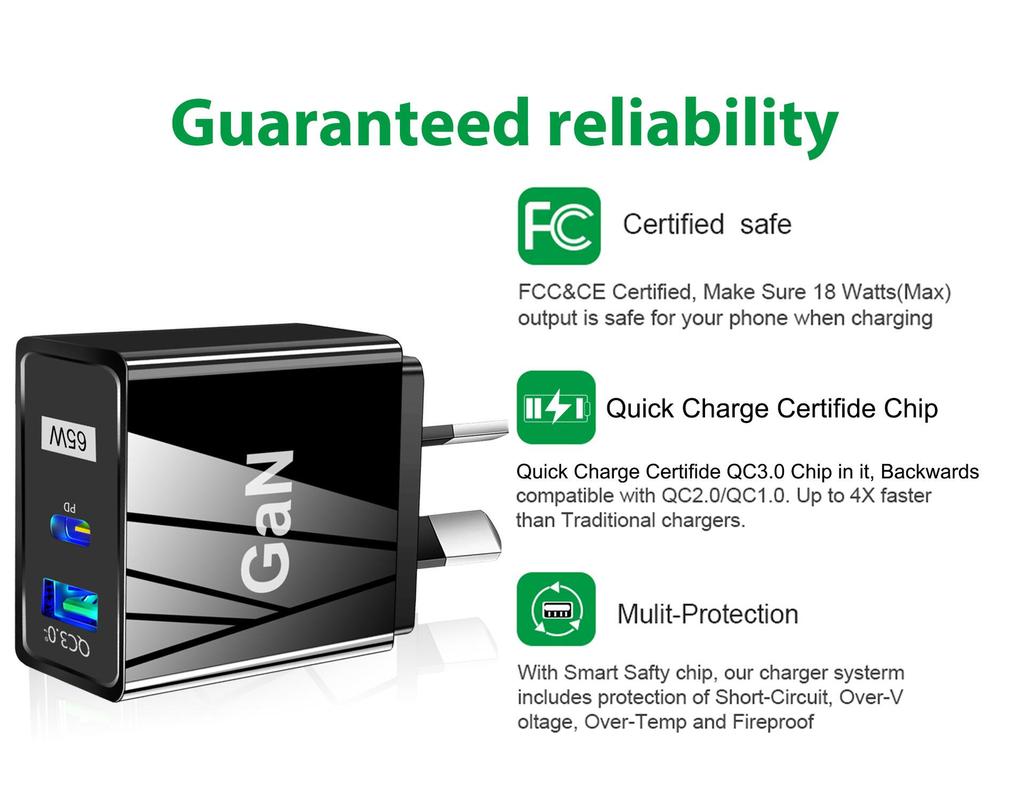 GaN 33W USB Fast Charger: QC 3.0 & PD, US/EU/UK Plug, Ideal for Mobile Phones