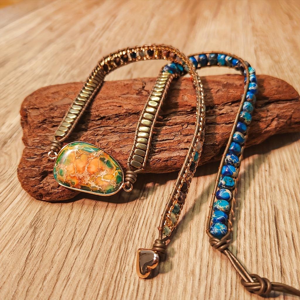 Bohemian Style Natural Imperial Stone, Five-layer Woven Bracelet, Creative Faux Leather Wristband, Suitable for Everyday Wear by Both Men and Women.