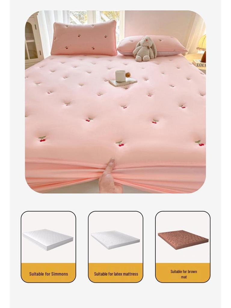Embroidered Quilted Soybean Cotton Dustproof Non-Slip Fitted Sheet – Skin-Friendly & Soft Bed Cover