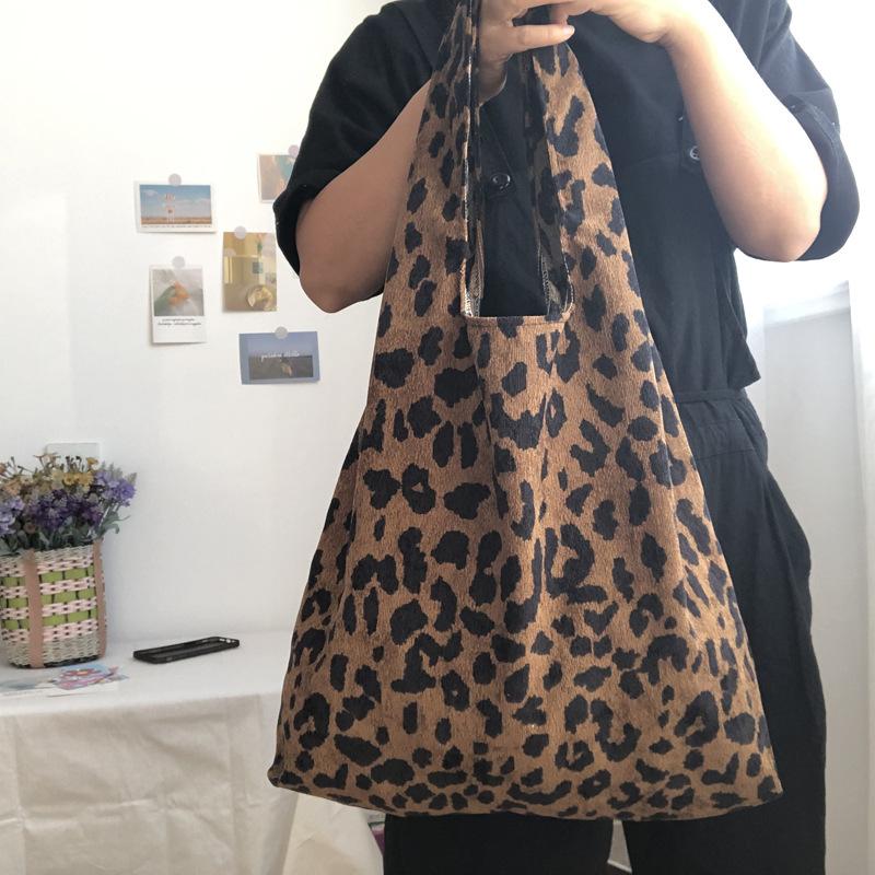Simple Commuter Women's Vest Handbags Leopard Pattern Corduroy Female Large Tote Bag Casual Retro Ladies Cott Shoulder Bags