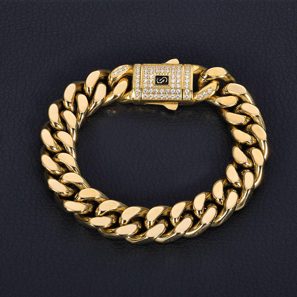 ESKEEM Hip Hop Monaco Bracelet PVD 14k Gold Plated Miami Cuban Link Chains 6/9/11/13MM Stainless Steel for Women and Men
