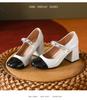 Inspired Mary Jane Thick-heeled Shoes for Women; Round-toed Design with One-word Strap and Pearl Color Accents, Versatile and Stylish.
