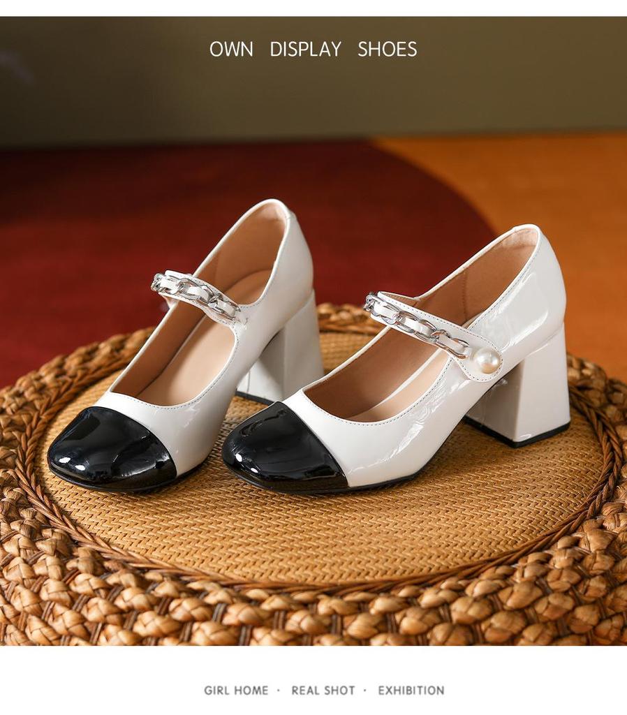 Inspired Mary Jane Thick-heeled Shoes for Women; Round-toed Design with One-word Strap and Pearl Color Accents, Versatile and Stylish.