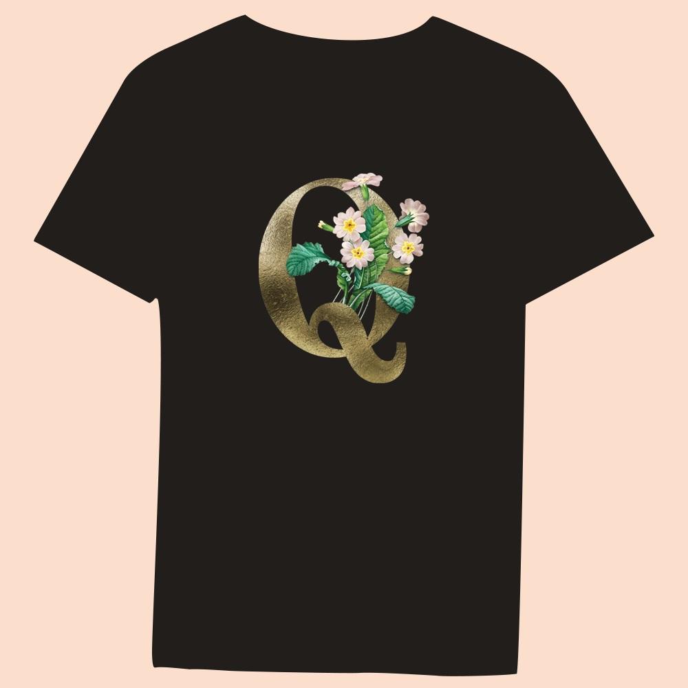 Gold Flower Letter 3D Printing Series Women's Black T-shirt Casual Large Top
