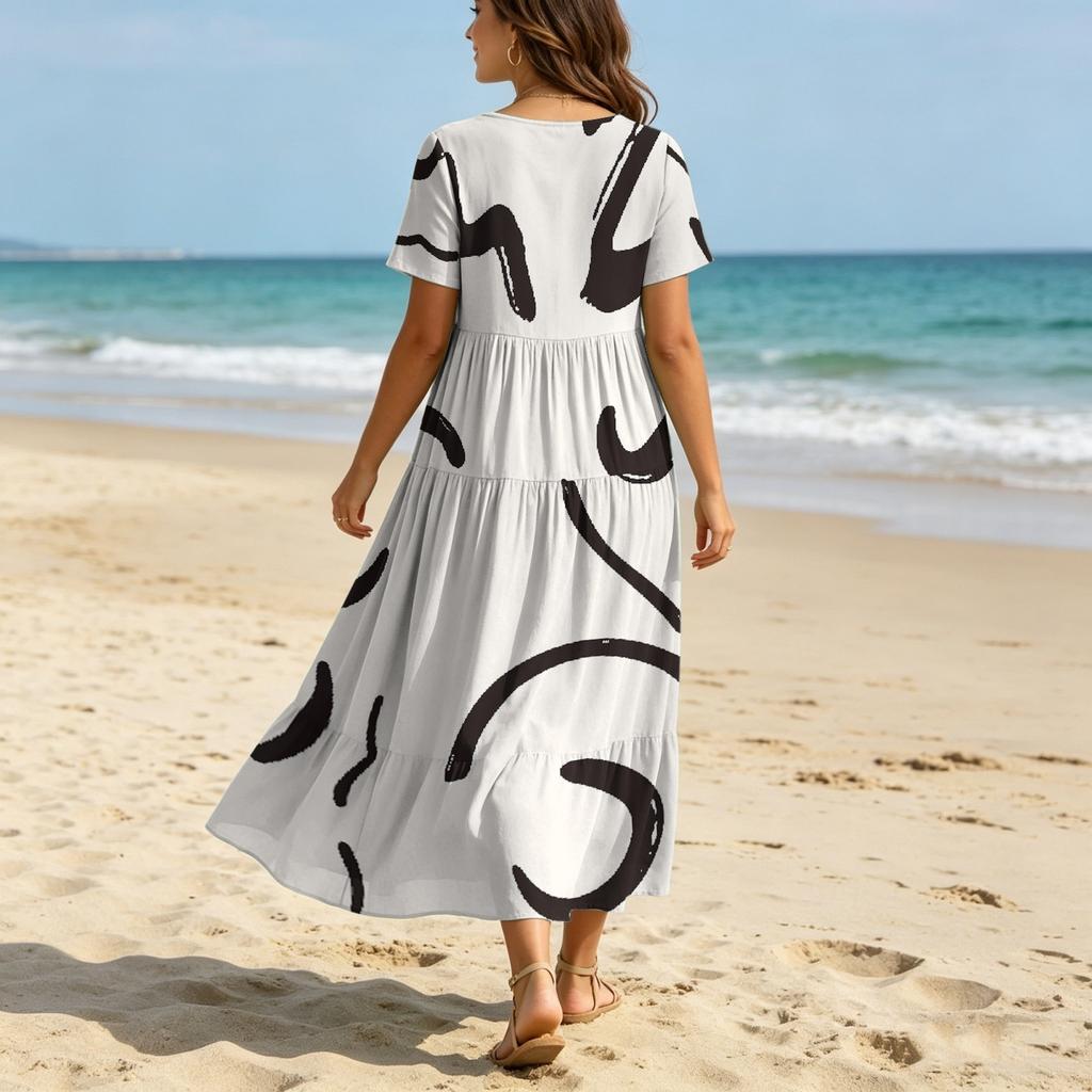 Women Casual Loose Fit Bohemian Style Printed Short Sleeve V Neck Maxi Dress with Artistic Pattern Design