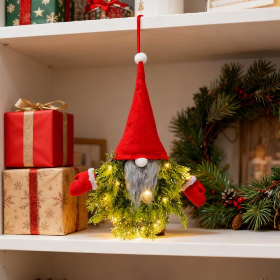 Lighted Gnome Christmas Wreath for Front Door Artificial Pine Spruce Hanging Sign Swedish Tomte Holiday Decor for Indoor Outdoor Porch Window Wall