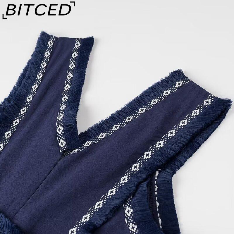 BITCED Damen Sommer Mode V-Ausschnitt Fransen Patchwork Maxikleid mit vollem Rock