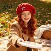 Women Knitting Hat Knitted Beret for Fall Winter, French Style Artist Cap with Rhinestone Star, Stretchy Solid Color Decorative