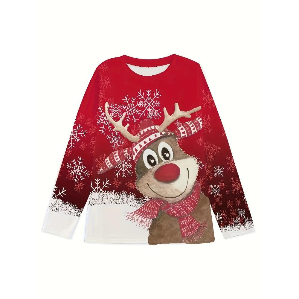 Women s Crew Neck Long Sleeve T-Shirt Casual Christmas Reindeer Snowflake Print Mid Length Pullover Top S