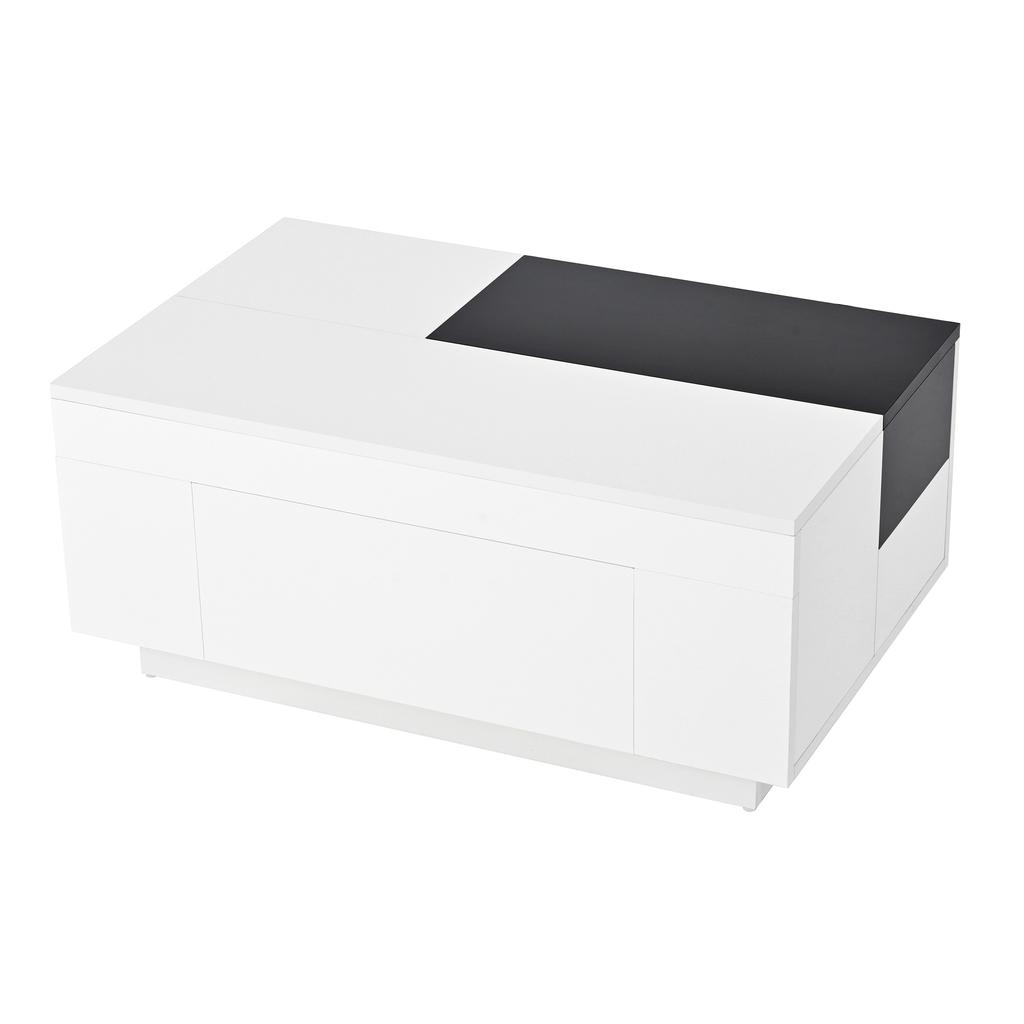 High-Gloss Coffee Table with LED Lighting, Extendable Black-and-White Tabletop, Hidden Storage and 16-Color Adjustable Light Strip