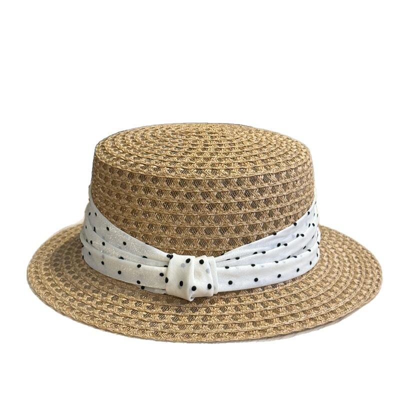 Temperament Polka Dot Flat Top Straw Hat Women's Summer Seaside Big Eaves Sunscreen Sun Hat Advanced Straw Hat