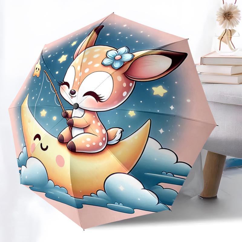 1pc Little Sika Deer & Moon Pattern Beautiful Looking Automatic Folding Umbrella, 3 Folding, 8 Pole Frame Design, Durable and Suitable for T