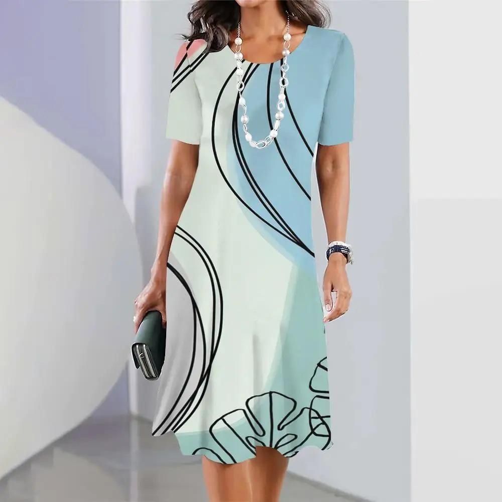 New Geometric Curve Graphic Print Women's Dresses Elegant Loose Short Sleeve O-Neck Summer Dresses Female Fashion Sundress