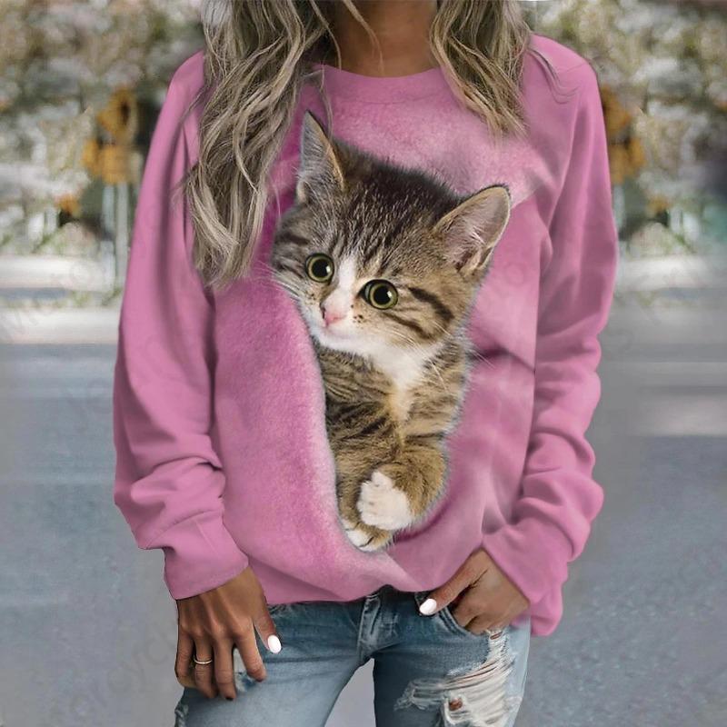 Spring and Autumn Round Neck 3D Animal Cat and Dog Pattern Printed Top Fashionable Casual Long Sleeved Women's T-shirts