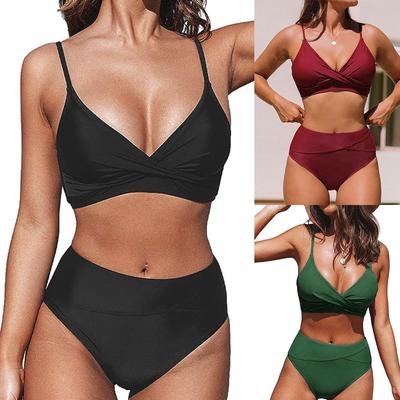Solid Color Sexy Crossover Soft Cup Bikini - European and American Style Women's Swimwear
