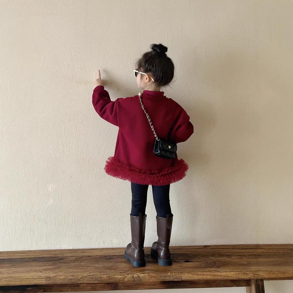 Children's Korean-Style Mesh Lace Velvet Sweatshirt Dress for Fall/Winter 2024