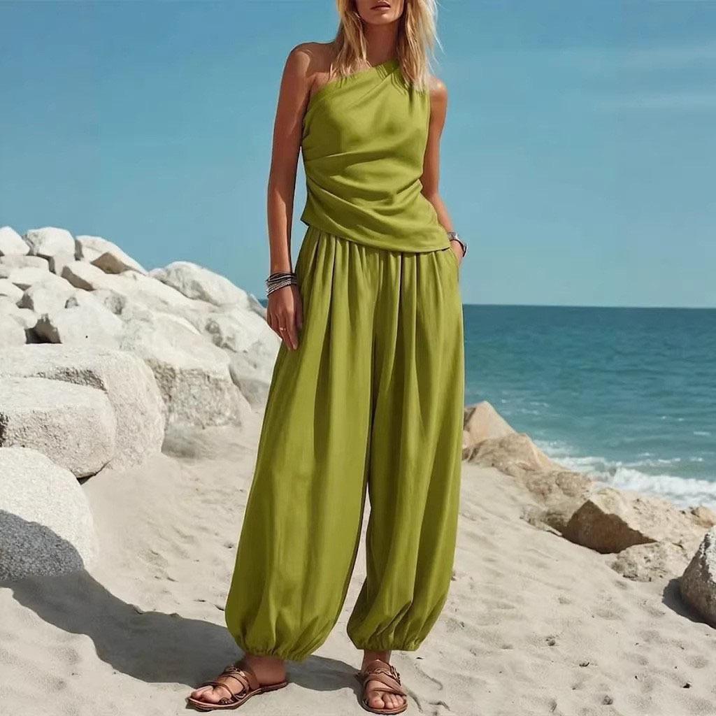 Womens Multi-Color Casual Two-Piece Set Off Shoulder Top with Loose Wide Leg Pants