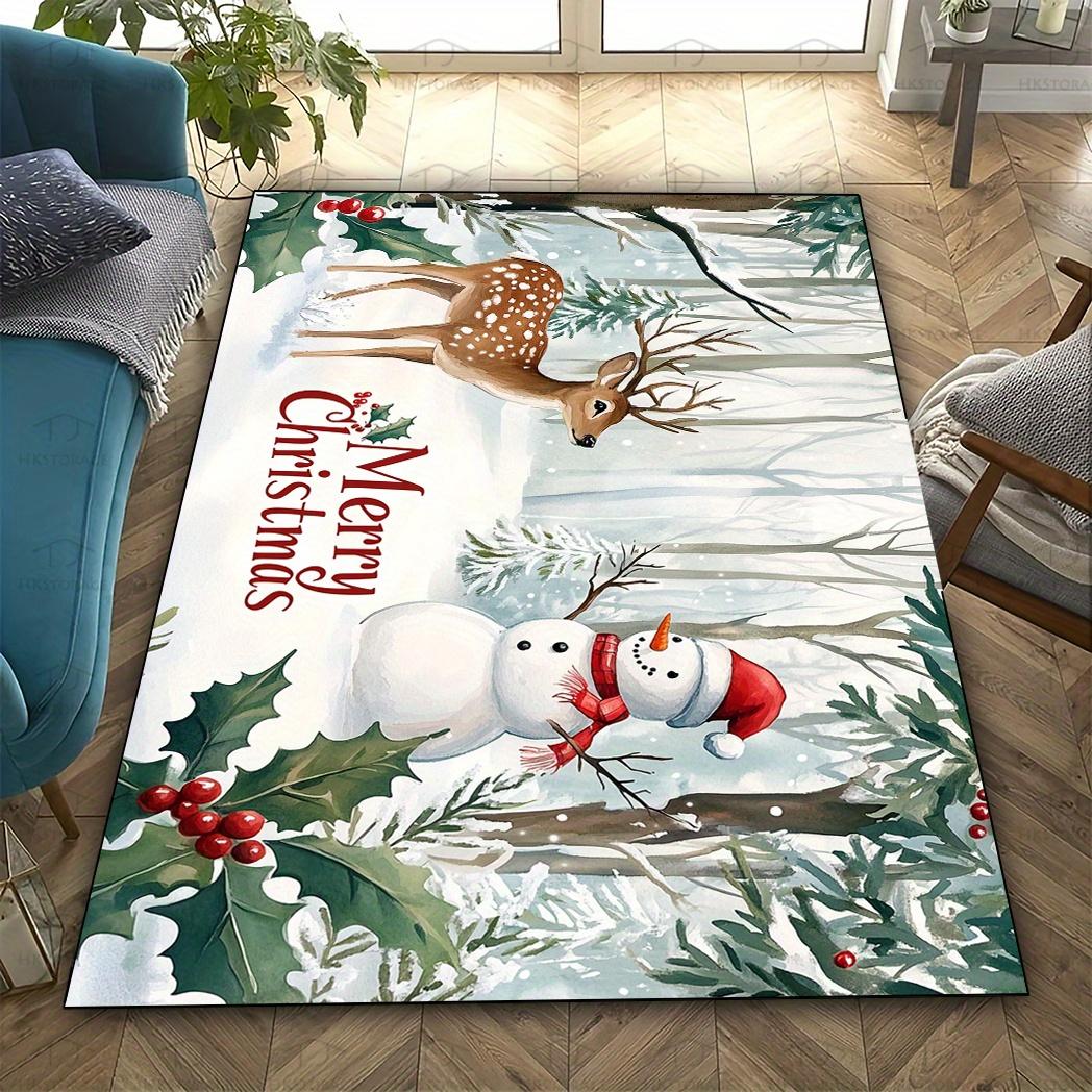 

Christmas Rug, Snowy Forest Deer & Snowman Mat, Red Berry Holly Border Carpet, Cozy Holiday Living Room Decor 50x80cm